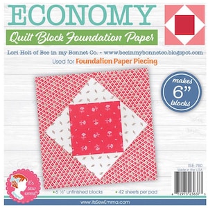 May include: Quilt block foundation paper with the text "ECONOMY" and "Quilt Block Foundation Paper". The paper features a red and white quilt block design. The package makes 6" blocks and contains 42 sheets per pad.