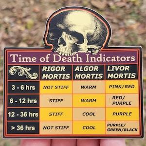 Time of Death Indicators Sticker / Forensics Criminology Criminal Justice Crime Scene Vinyl Decal (4.0" x 3.9")