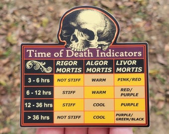 Calcomanía de vinilo con indicadores de hora de muerte / Criminología forense, justicia penal, escena del crimen (10,16 cm x 9,94 cm)