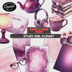 May include: Watercolor digital clipart set featuring a purple teapot, headphones, books, a mug of hot chocolate, slippers, and a desk lamp. The text "Study Girl Clipart" is visible. The color palette includes shades of purple and pink.