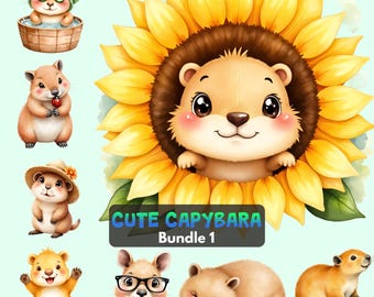 かわいいカピバラのクリップアートバンドル。愛らしいPNGグラフィックパック。工芸品用の動物クリップアートをすぐにダウンロードできます。商用利用可。