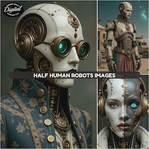 Peut inclure: Œuvre numérique présentant quatre images de robots mi-humains. Les robots combinent des éléments humains et mécaniques, avec des détails complexes en or, blanc et bleu. Le texte "HALF HUMAN ROBOTS IMAGES" est affiché.