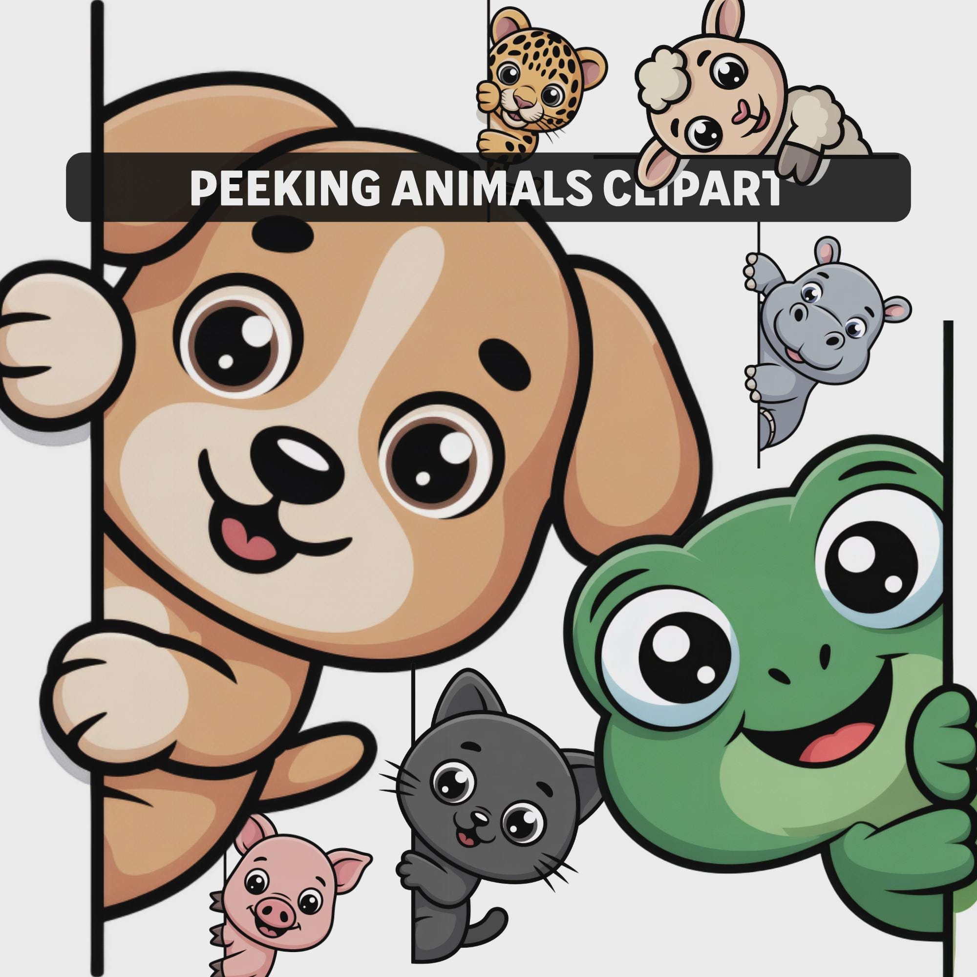 Cute Peeking Animals Clipart Bundle, Cartoon Safari, Nursery Wall Art ...