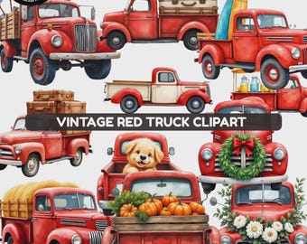 Vintage Red Truck Clipart Bundle, Watercolor Farmhouse Truck Graphics, Sublimation Designs, Stickers