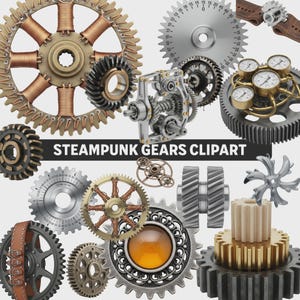 May include: A collection of various steampunk gears and mechanical components in bronze, silver, and gold tones. The image includes gears of different sizes and designs, with the text "STEAMPUNK GEARS CLIPART".