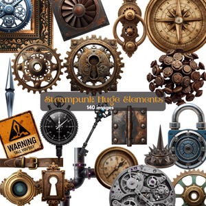 Könnte beinhalten: Eine Sammlung von Steampunk-Elementen, darunter Zahnräder, Messgeräte, ein Kompass und eine Stoppuhr. Das Bild zeigt verschiedene metallische Texturen und Farben, zusammen mit einem Warnschild und dem Text "Steampunk Huge Elements" und "140 images".