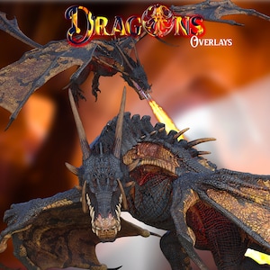 May include: Two dragons, one with orange and black scales and the other with black and red scales, are shown in a fiery background. The dragon with orange and black scales is breathing fire. The text "DRAGONS OVERLAYS" is in the top right corner of the image.