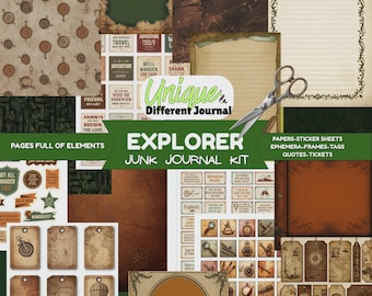 May include: A collage of explorer-themed junk journal kit elements. Includes patterned paper, tags, stickers, and ephemera with compasses, maps, and vintage travel motifs. The kit features the text "EXPLORER JUNK JOURNAL KIT" and "Unique & Different Journal".