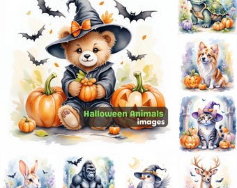 Halloween Animals Clipart Bundle Cute Witch Hat & Pumpkin PNGs Digital Download