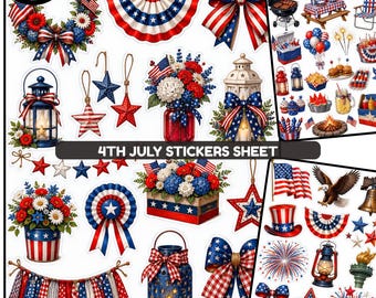 May include: A digital sticker sheet featuring various 4th of July themed illustrations including patriotic wreaths, bunting, bows, lanterns, star ornaments, flower arrangements in containers, flags, fireworks, and an eagle in red, white, and blue colors.