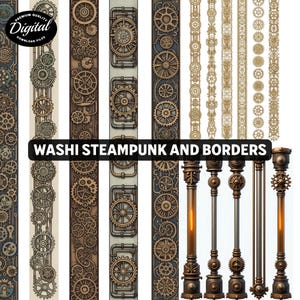 Puede incluir: Diseños digitales de cinta washi con temática steampunk. La imagen presenta varios diseños de bordes verticales con engranajes, tuberías y elementos mecánicos en tonos marrón, gris y dorado. Se muestra el texto "Washi Steampunk and Borders".