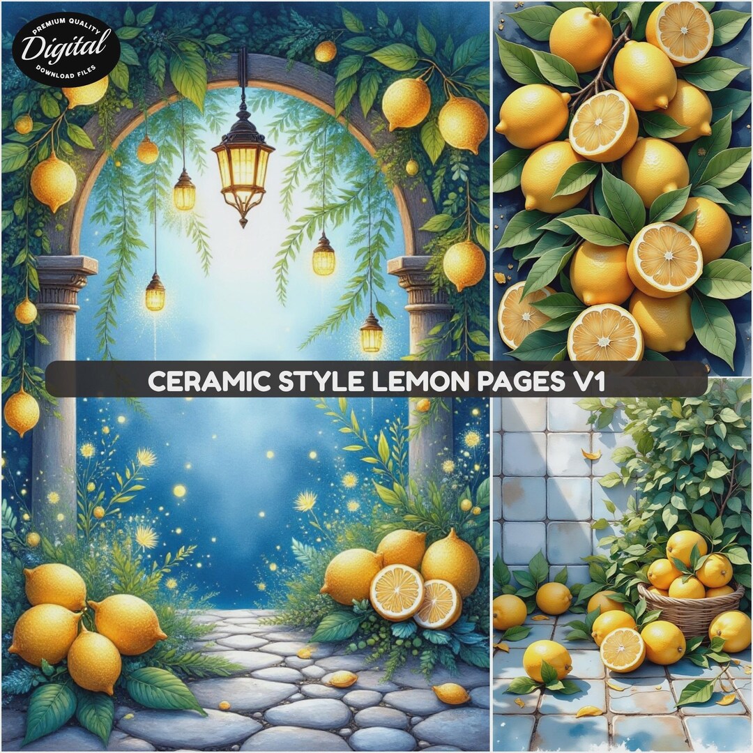 Ceramic Style Lemon Junk Journal Pages, Mediterranean Digital Paper ...
