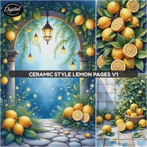 Può includere: Composizione d'arte digitale con limoni e fogliame. L'immagine include un sentiero di pietra, un arco con lanterne sospese e un cesto di limoni. Il testo "CERAMIC STYLE LEMON PAGES V1" è visualizzato.