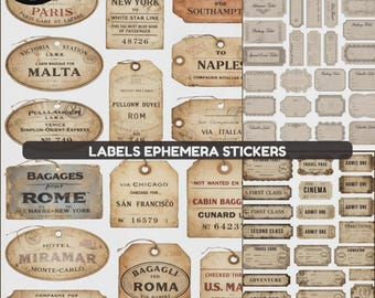 Vintage Travel Luggage Tag Sticker Sheets, Junk Journal Ephemera Fussy Cuts, Antique Ticket Labels Ephemera