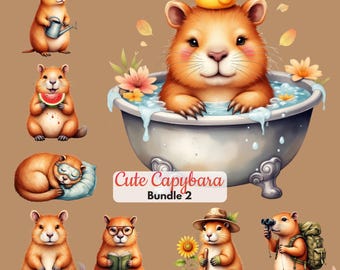 かわいいカピバラのクリップアートバンドル2 愛らしいPNGグラフィックパック すぐにダウンロードできるクラフト用動物クリップアート | 商用