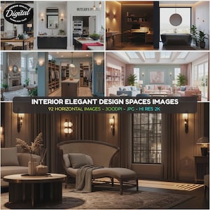 May include: A digital collection of 92 high-resolution interior design images featuring various rooms including a bathroom, walk-in closet, living room, and lounge area. The text reads INTERIOR ELEGANT DESIGN SPACES IMAGES 92 HORIZONTAL IMAGES 300DPI JPG HI RES 2K.