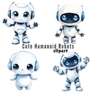May include: Four illustrations of cute humanoid robots in white with blue detailing. Each robot has large blue eyes and wears headphones or a helmet. The text "Cute Humanoid Robots clipart" is displayed below the robots.