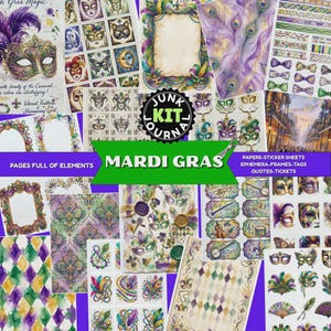 Mardi Gras Junk Journal Kit, Digital Scrapbook Pages & Carnival Ephemera, Masquerade Tags