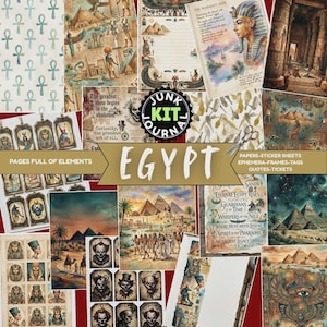 May include: A collage of scrapbook elements with an Egyptian theme. Includes patterned papers, tags, quotes, and ephemera featuring pharaohs, pyramids, and hieroglyphs. The text "EGYPT" is prominently displayed.
