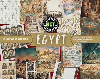 Könnte beinhalten: Eine Collage von Scrapbook-Elementen mit ägyptischem Thema. Enthält gemusterte Papiere, Tags, Zitate und Ephemera mit Pharaonen, Pyramiden und Hieroglyphen. Der Text "EGYPT" ist prominent dargestellt.