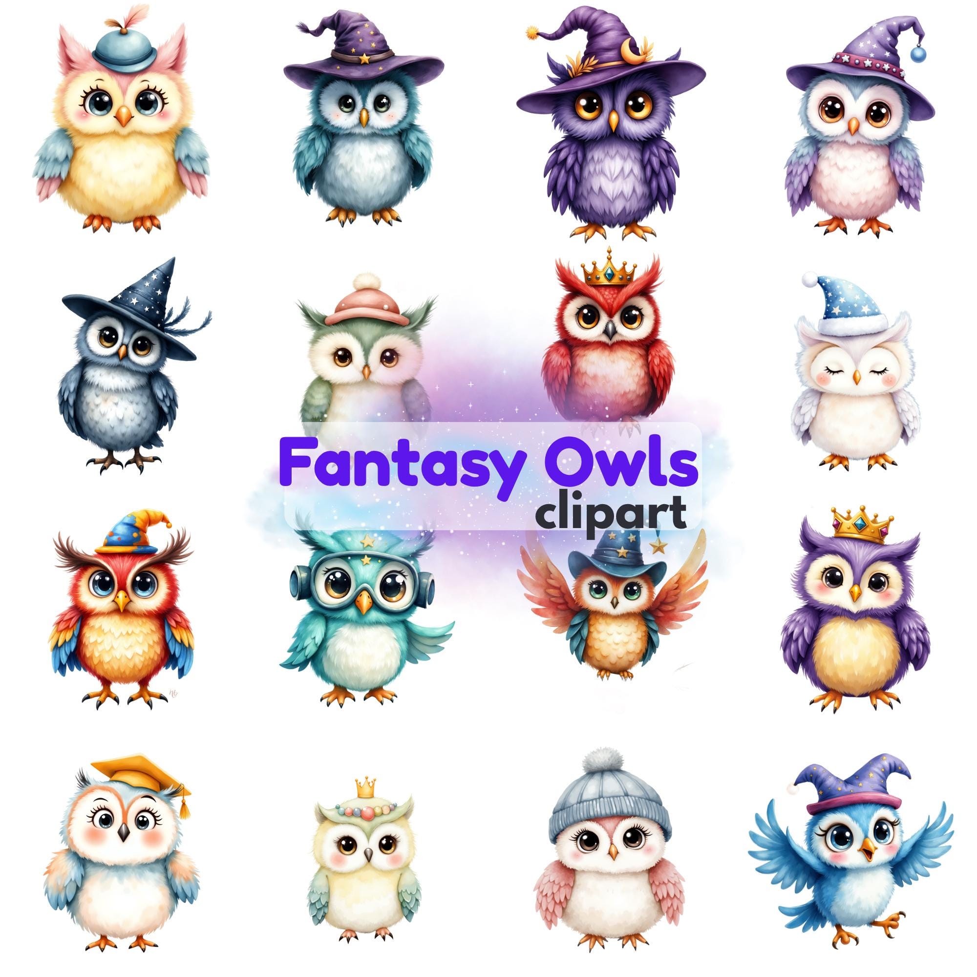 Whimsical Fantasy Owl Clipart Bundle Magical Wizard & Witch Owls PNG 300DPI Watercolor Illustrat