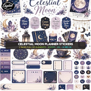 Può includere: Una collezione digitale di adesivi per agenda luna celeste con illustrazioni di lune, stelle, cristalli, lanterne, libri, carte dei tarocchi e accenti floreali in blu navy, viola e oro, con varie etichette di testo e cornici.