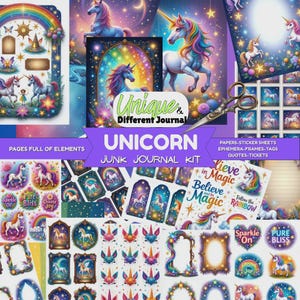 May include: A colorful unicorn junk journal kit with various elements. The kit includes sticker sheets, frames, tags, and quotes. The text on the kit reads "Unicorn Junk Journal Kit" and "Believe in Magic". The design features unicorns, rainbows, and stars.