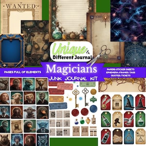 Magicians Junk Journal kit Pages, Magic Potions Ephemera, Stickers, Movie Papers, scrapbooking, Digital Download