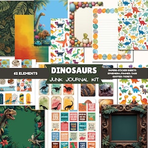 Op de afbeelding: Een verzameling elementen voor een junk journal kit met dinosaurusthema. Inclusief papieren, stickervellen, frames, tags en citaten. De kit bevat kleurrijke dinosaurusillustraties, botanische achtergronden en decoratieve randen. De tekst op de kit luidt "Dinosaurs Junk Journal Kit".