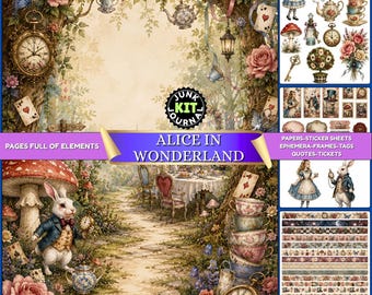 Alice in Wonderland Junk Journal Kit, Vintage Digital Ephemera for Scrapbooking, Tea Party Scrapbook Kit, Journal Pages,  Stickers