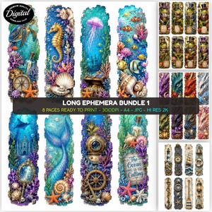 May include: A digital ephemera bundle featuring eight vertical panels with underwater themes, including sea creatures, mermaids, treasure chests, and nautical elements. Text on one panel reads: The Ocean is Calling. Long Ephemera Bundle 1.
