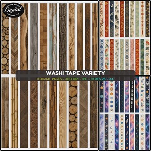 Peut inclure: Une collection de bandes de washi tape numériques présentant diverses textures de grain de bois, des motifs de bambou, des designs asiatiques traditionnels et des thèmes spatiaux avec planètes. Le texte indique WASHI TAPE VARIETY 11 DIGITAL PAGES.