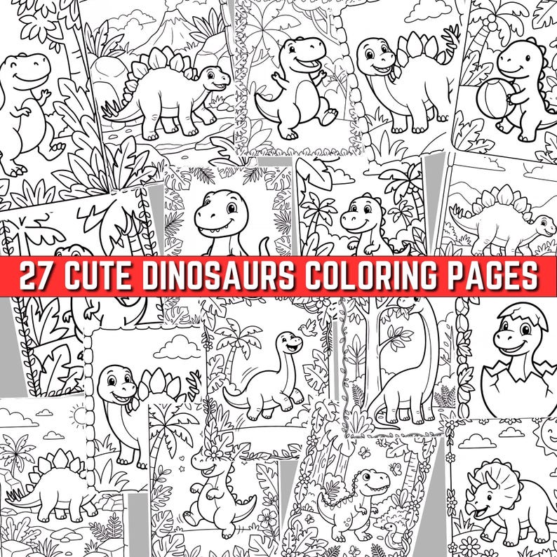 27 Color Pages 27 Cute Dinosaur Coloring Pages for Kids, Digital Download Dino ...