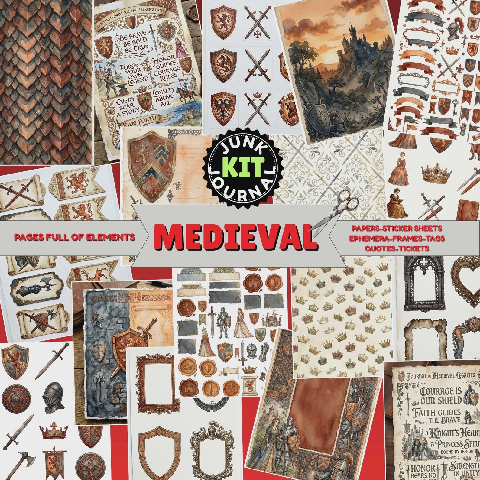 Medieval Junk Journal Kit, Printable Castle Knight Fantasy Ephemera ...