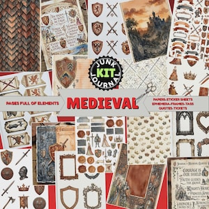 Op de afbeelding: Een verzameling middeleeuwse scrapbook-elementen. De afbeelding toont verschillende papieren, stickers, frames en tags met illustraties van schilden, zwaarden, kastelen en citaten. De tekst "Medieval" is prominent aanwezig, samen met "Junk Kit Journal".