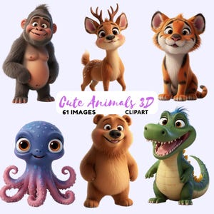 May include: A collection of six 3D cartoon animal illustrations, including a gorilla, deer, tiger, octopus, bear, and alligator. The text "Cute Animals 3D Clipart" is displayed with "61 IMAGES" below it.