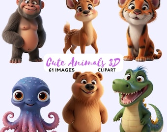 Könnte beinhalten: Sechs 3D-Cartoon-Tierillustrationen, darunter ein Gorilla, ein Hirsch, ein Tiger, ein Oktopus, ein Bär und ein Alligator. Der Text "Cute Animals 3D Clipart" ist mit "61 IMAGES" darunter abgebildet.
