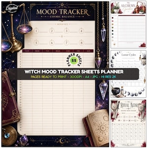 Pacchetto di tracker dell'umore da strega, pagine per il monitoraggio delle abitudini celestiali, inserti stampabili per l'agenda, salute mentale mensile, pagine stampabili per l'agenda a tema stregoneria.