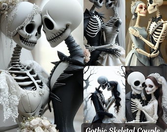 May include: A collage of images featuring skeletal figures in wedding attire. The figures are depicted in various poses, including embracing and gazing at each other. The images are in black, white, and gray tones, with a gothic theme. Text on the image reads "Gothic Skeletal Couple images."