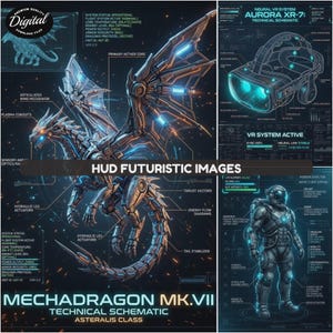 May include: Digital schematic of a futuristic Mechadragon MK.VII, with detailed diagrams and technical specifications. The image features a dragon design with mechanical components, along with a VR headset and a futuristic astronaut. The text "HUD FUTURISTIC IMAGES" is visible.