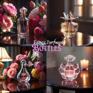May include: An assortment of elegant perfume bottles with decorative stoppers, displayed on a dark wooden surface. The bottles are clear glass, some with pink liquid, and are surrounded by bouquets of pink and red flowers. The text "Fancy Perfume Bottles" is displayed.