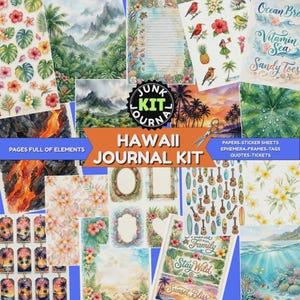 May include: A colorful Hawaii Journal Kit with various elements. The kit includes sticker sheets, ephemera, frames, tags, and quotes. The design features tropical flowers, palm trees, and ocean scenes. Text on the image includes "Hawaii Journal Kit", "Pages Full of Elements", and "Stay Wild".
