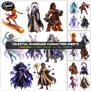 May include: A digital character sheet collection titled CELESTIAL GUARDIANS CHARACTERS SHEETS, featuring seven pages of fantasy illustrations. The artwork displays various figures including mages, warriors, and mythical beings in vibrant colours.