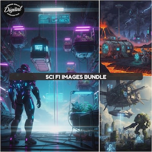 May include: A digital art bundle featuring four futuristic sci-fi scenes. One scene shows a futuristic city with a robot, another depicts a space station with a lava background, and the third shows a futuristic interior with hanging plant pods. The text "SCI FI IMAGES BUNDLE" is displayed.