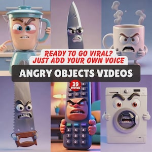 May include: A collection of animated objects with angry expressions: a blender, knife, coffee mug, saw, remote control, and washing machine. The text reads "READY TO GO VIRAL? JUST ADD YOUR OWN VOICE" and "ANGRY OBJECTS VIDEOS". A red circle displays "39 VIDEOS 6".