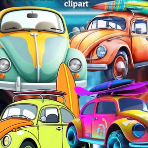 Puede incluir: Cuatro coches Volkswagen Beetle vintage con tablas de surf en la parte superior. Los coches son de diferentes colores, incluyendo azul, naranja, amarillo y rosa. Los coches están todos mirando hacia adelante y tienen un aspecto retro.