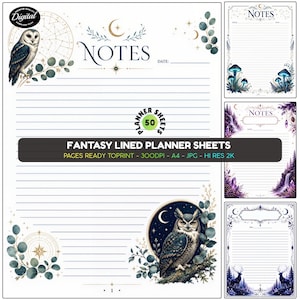Può includere: Un set di fogli per agenda a righe digitali con illustrazioni di gufi, funghi e foreste. La pagina principale mostra il testo NOTES, 50 PLANNER SHEETS e FANTASY LINED PLANNER SHEETS, con motivi celesti, foglie di eucalipto e cervi decorativi.