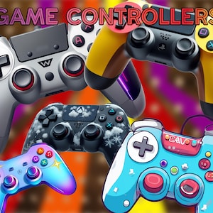 May include: A collection of five different game controllers in various colors, including black, white, yellow, blue, and purple. The controllers feature different designs, including a snowflake pattern, a cloud pattern, and a simple design with a plus sign. The controllers are arranged in a semi-circle on a colorful background.