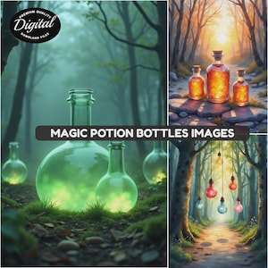 Zaubertrank Flaschen Digitale Bilder - Fantasy Alchemie Clip Art - Verzauberter Wald Junk Journal Zubehör - Zauberer Ästhetisches Scrapbook Papier