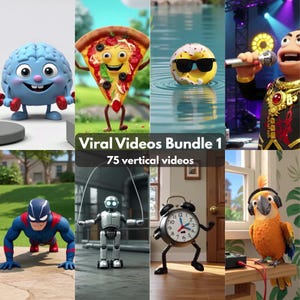 Puede incluir: Un collage de personajes y objetos animados, que incluyen un cerebro levantando pesas, una porción de pizza, una rosquilla con gafas de sol, un cantante, un superhéroe, un robot saltando a la cuerda, un despertador y un loro con auriculares. El texto dice "Viral Videos Bundle 1" y "75 vídeos verticales."
